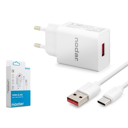 NODAR ND1005 Type-C Hızlı Şarj Seti 12W 2.4A USB Adaptörlü - Beyaz