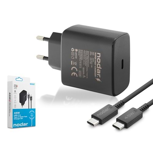 NODAR ND1007 Type-C PD Hızlı Şarj Seti 45W USB Adaptörlü - Siyah