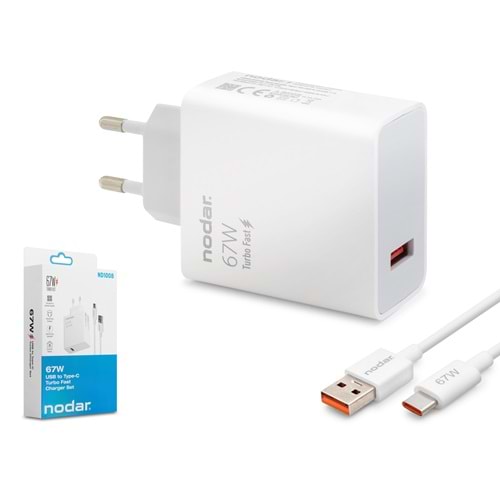 NODAR ND1008 Type-C Hızlı Şarj Seti 67W USB Adaptörlü - Beyaz
