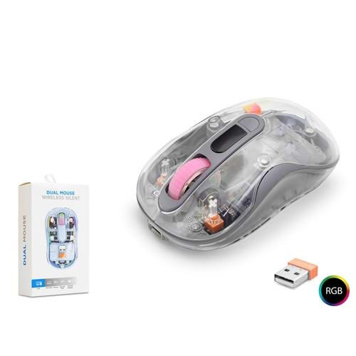 NODAR ND1205GR Dual Mode Kablosuz Şeffaf Mouse 2.4 GHz Bluetooth 5.2 1600 DPI RGB Gri