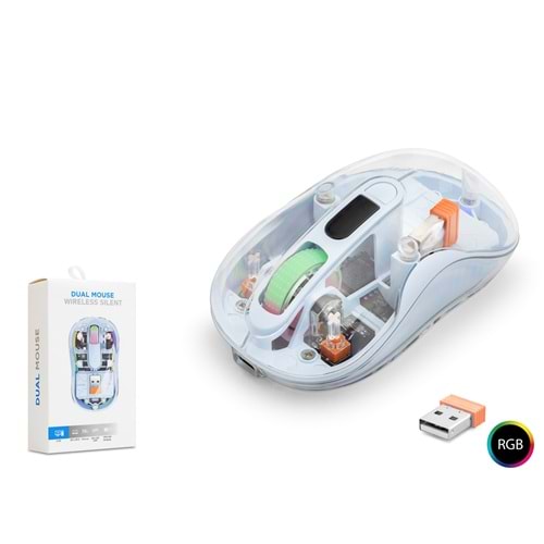 NODAR ND1205M Dual Mode Kablosuz Şeffaf Mouse 2.4 GHz Bluetooth 5.2 1600 DPI RGB Mavi