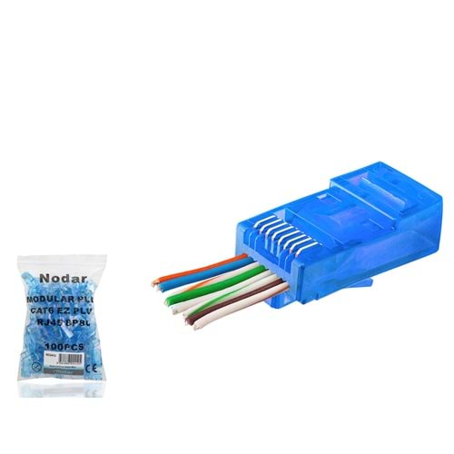 NODAR ND2412 CAT6 EZ RJ45 Konnektör 100 Adet Plastik Kutu - Mavi