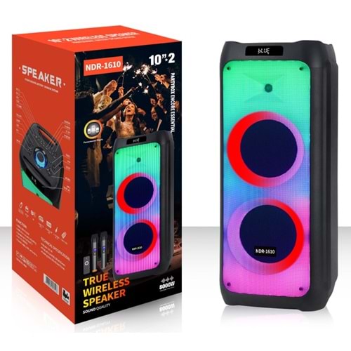 NDR NDR1610 Bluetooth Kabin Karaoke Hoparlör FM Radyo 2x10 İnç USB TF AUX RGB Çift Mikrofonlu Kumandalı Taşınabilir - Siyah