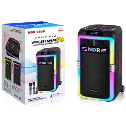 NDR NDR1708 Bluetooth Kabin Hoparlör FM 2 x 8 LED’li Çift Mikrofonlu Kumandalı 29 x 28 x 60 cm - Siyah