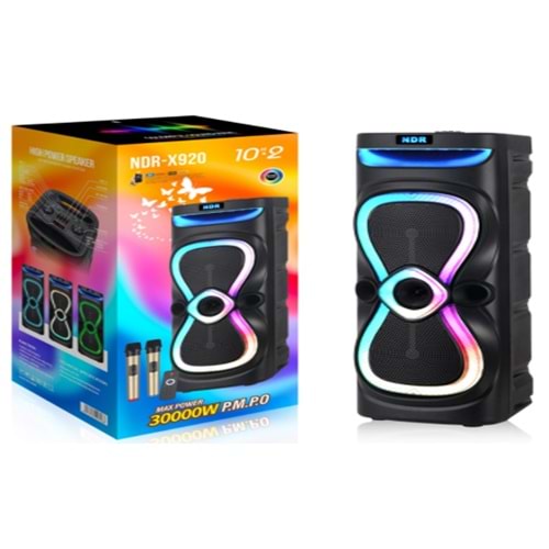 NDR NDRX920 Bluetooth Kabin Karaoke Hoparlör FM Radyo 2x10 İnç USB TF AUX RGB Çift Mikrofonlu Kumandalı Taşınabilir - Siyah
