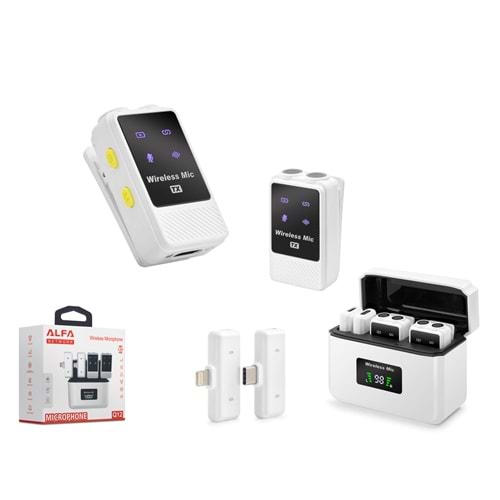 HADRON Q12 Type-C + Lightning Kablosuz 2’li Yaka Mikrofonu Dijital Ekranlı Şarj Kutulu - Beyaz