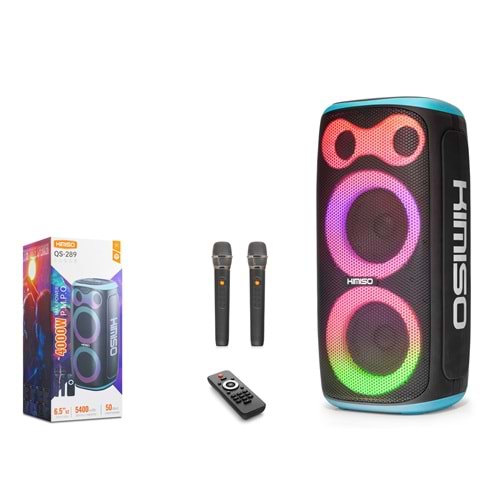 KIMISO QS289 Bluetooth Hoparlör FM Radyo 2x6.5 İnç USB TF AUX RGB Çift Mikrofonlu Kumandalı - Siyah