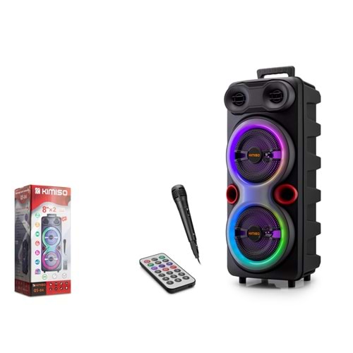 KIMISO QS84 Bluetooth Karaoke Hoparlör FM 2 x 8 LED’li Mikrofonlu Kumandalı 25.5 x 21 x 61 cm - Siyah