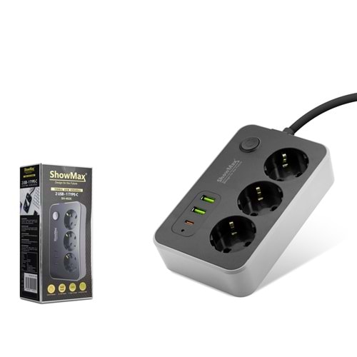 SHOWMAX SH4626 Termal Akım Korumalı Uzatma Kablosu 3 Priz 2 USB Type-C Anahtarlı 2 m - Siyah