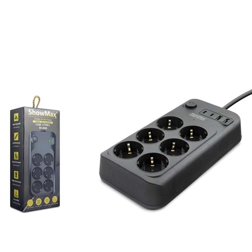 SHOWMAX SH4630 Termal Akım Korumalı Uzatma Kablosu 6 Priz + 2x USB + 2x Type-C Anahtarlı 2 m - Siyah