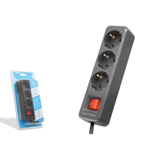 S-LINK SPG3X3 Akım Korumalı Uzatma Kablosu 3 Priz Anahtarlı 1.5 m - Siyah