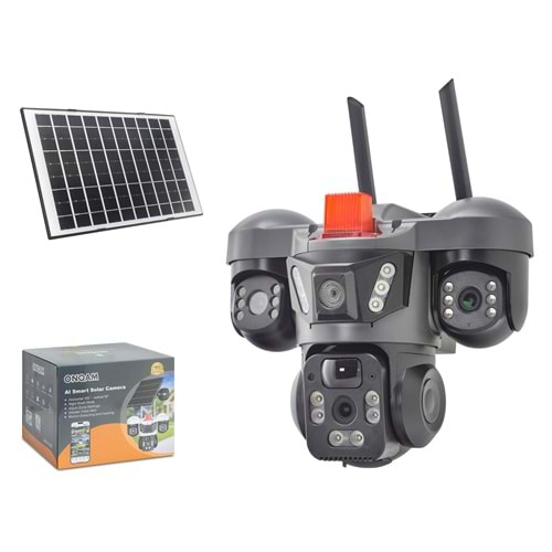 VENAS ON-SW2366 Solar Wi-Fi IP Güvenlik Kamerası 3 Lens 3×2MP 4mm V380PRO Hareket Takipli - Siyah