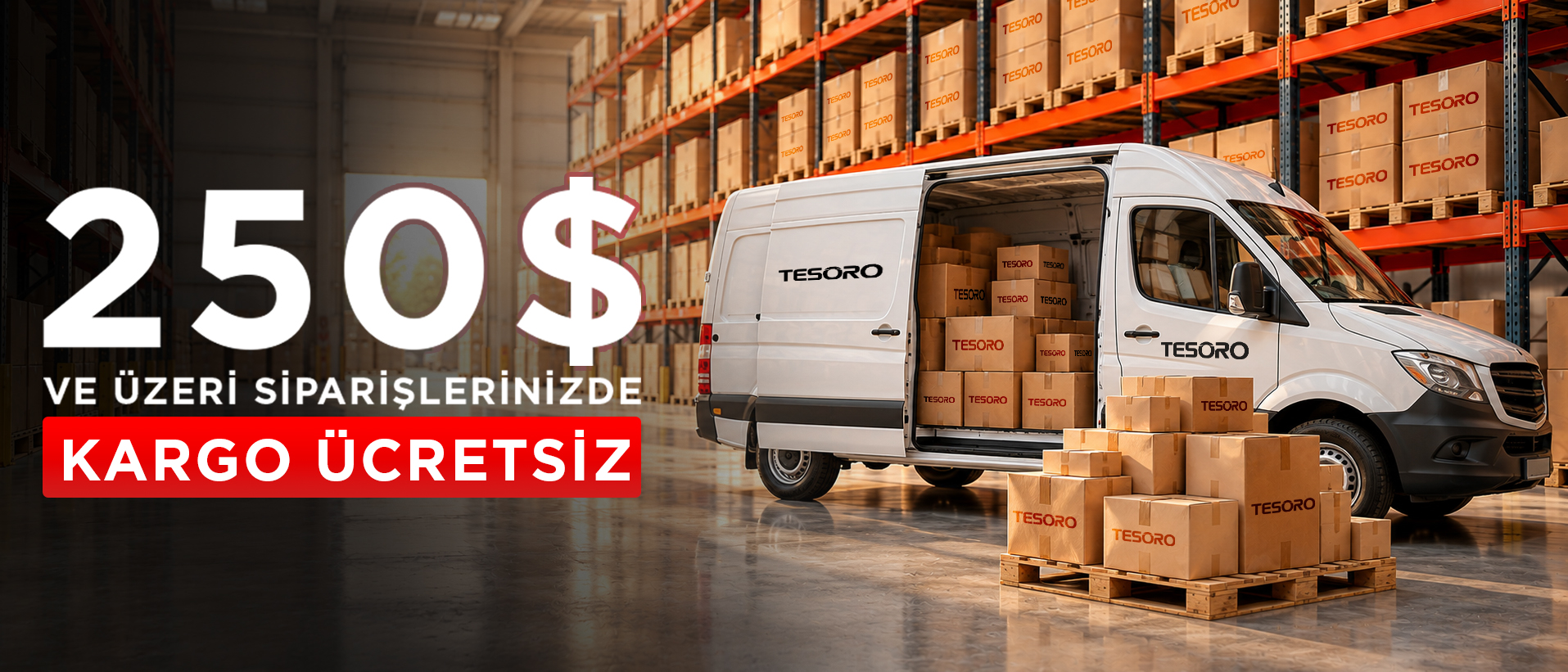 TESORO kamyon görseli ile 400 dolar ve üzeri siparişlerde ücretsiz kargo kampanyası bannerı