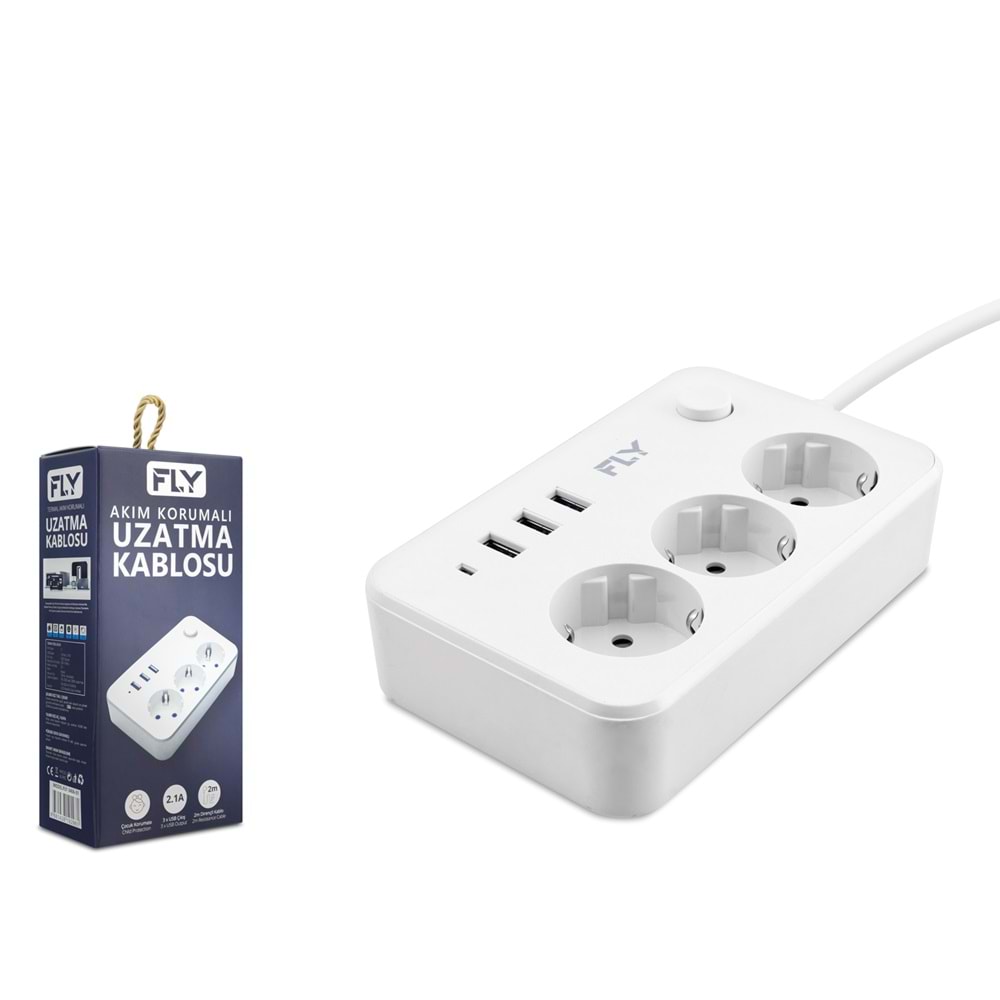 FLY 3406-01 Termal Akım Korumalı Uzatma Kablosu 3 Priz + 3x USB 2.1A Anahtarlı 2 m - Beyaz
