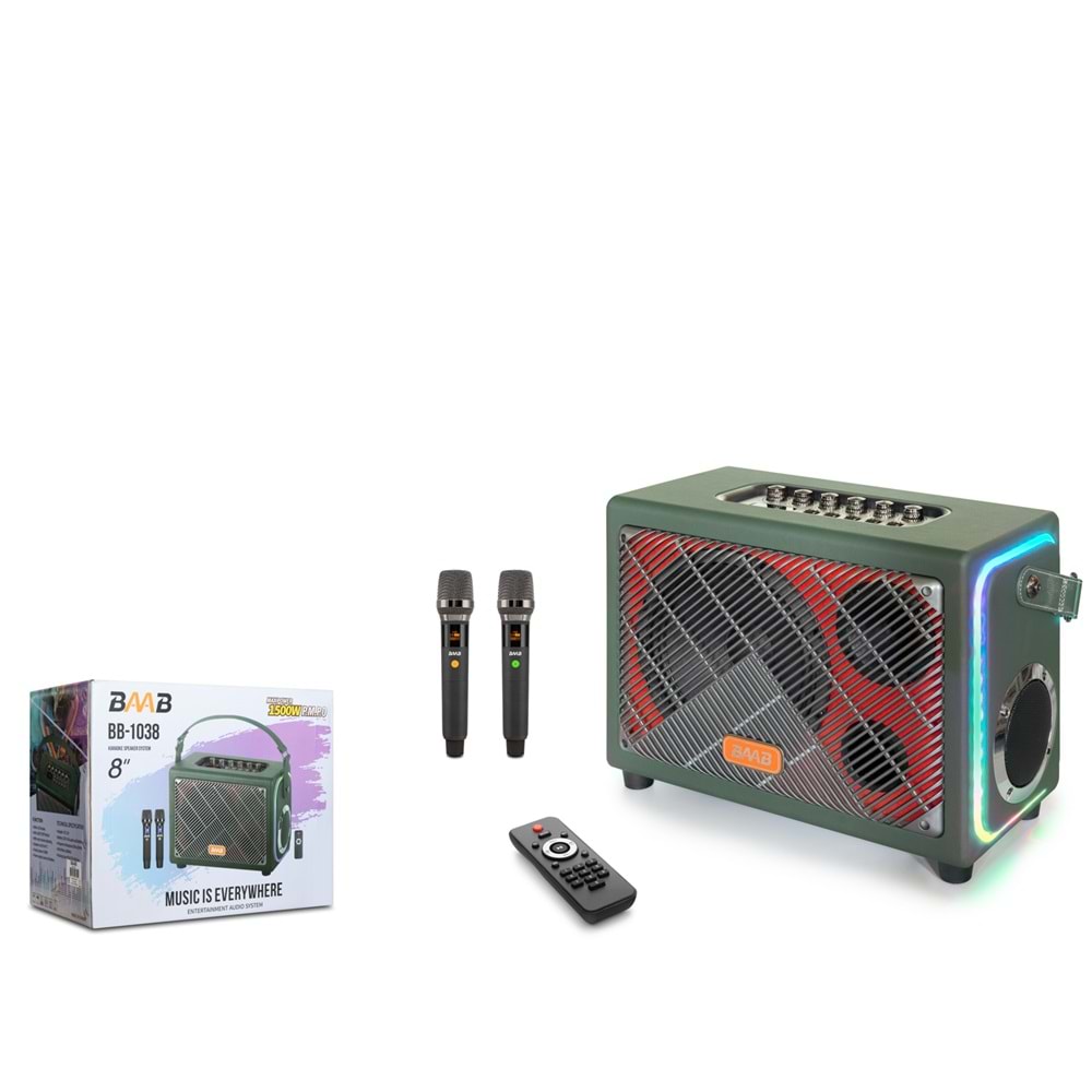 BAAB BB1038 Bluetooth Karaoke Hoparlör FM 8 LED’li Çift Mikrofonlu Kumandalı 42.5 x 20.5 x 30 cm - Yeşil