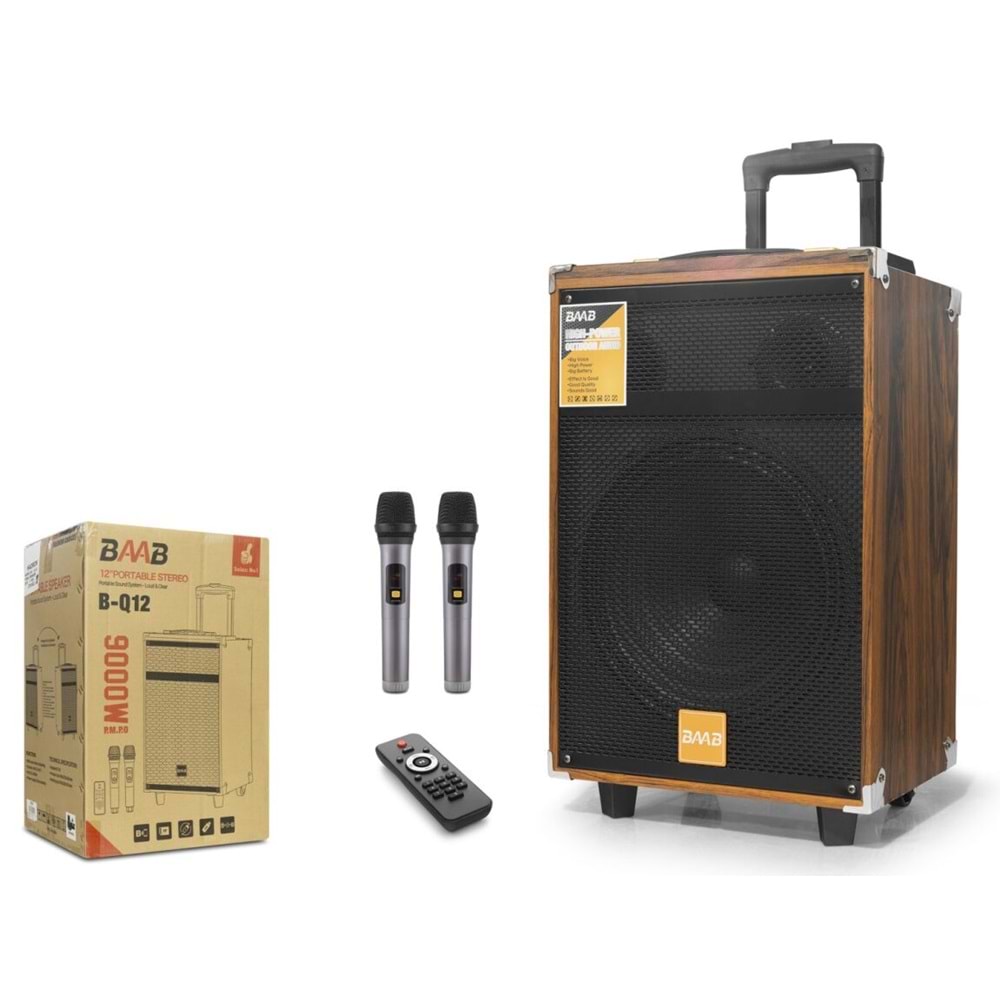BAAB BQ12 Bluetooth Karaoke Hoparlör FM 12 Çift Mikrofonlu Kumandalı 34 x 27 x 56 cm