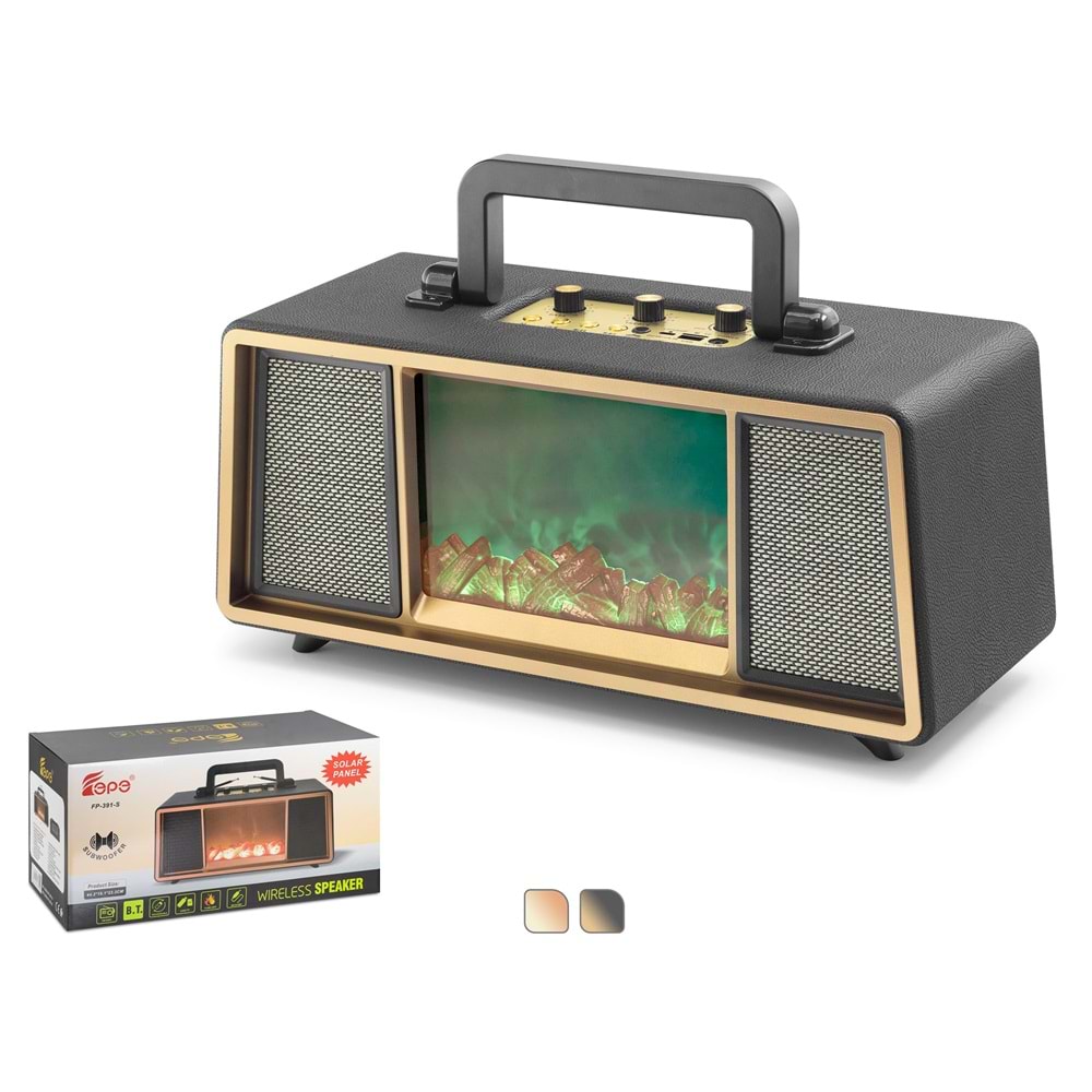 FEPE FP392S Bluetooth Solar Panelli FM Radyo USB TF Nostaljik Hoparlör RGB Alev Efektli - Siyah