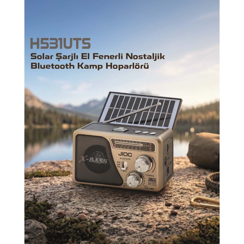 JIOC H531UTS Bluetooth Nostaljik FM Radyo TWS USB TF AUX Solar Şarjlı El Fenerli Kamp Hoparlör