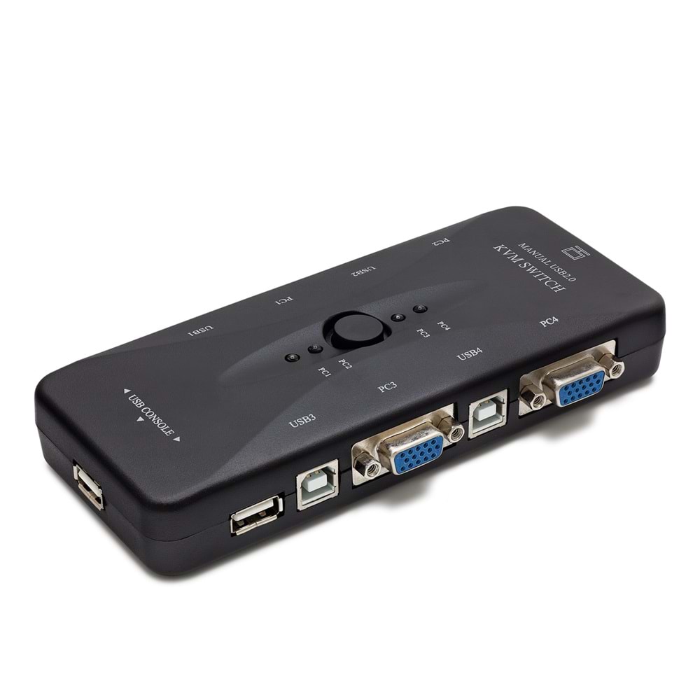 HADRON HD230 VGA USB KVM Switch 4 In 1 Out + 4 Port USB Console + 2 Port USB PC (Klavye/Mouse + Yazıcı) - Siyah