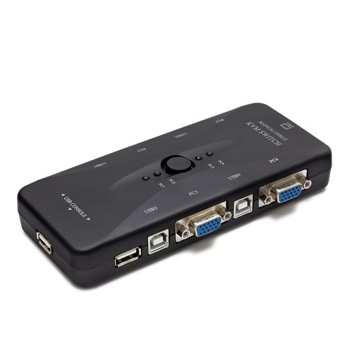 HADRON HD230 VGA USB KVM Switch 4 In 1 Out + 4 Port USB Console + 2 Port USB PC (Klavye/Mouse + Yazıcı) - Siyah