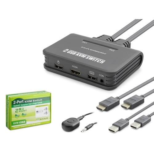 HADRON HDX1361 HDMI KVM Switch 2 In 1 Out + 2 Port USB (Klavye/Mouse) Dahili HDMI + USB Kablolu - Siyah