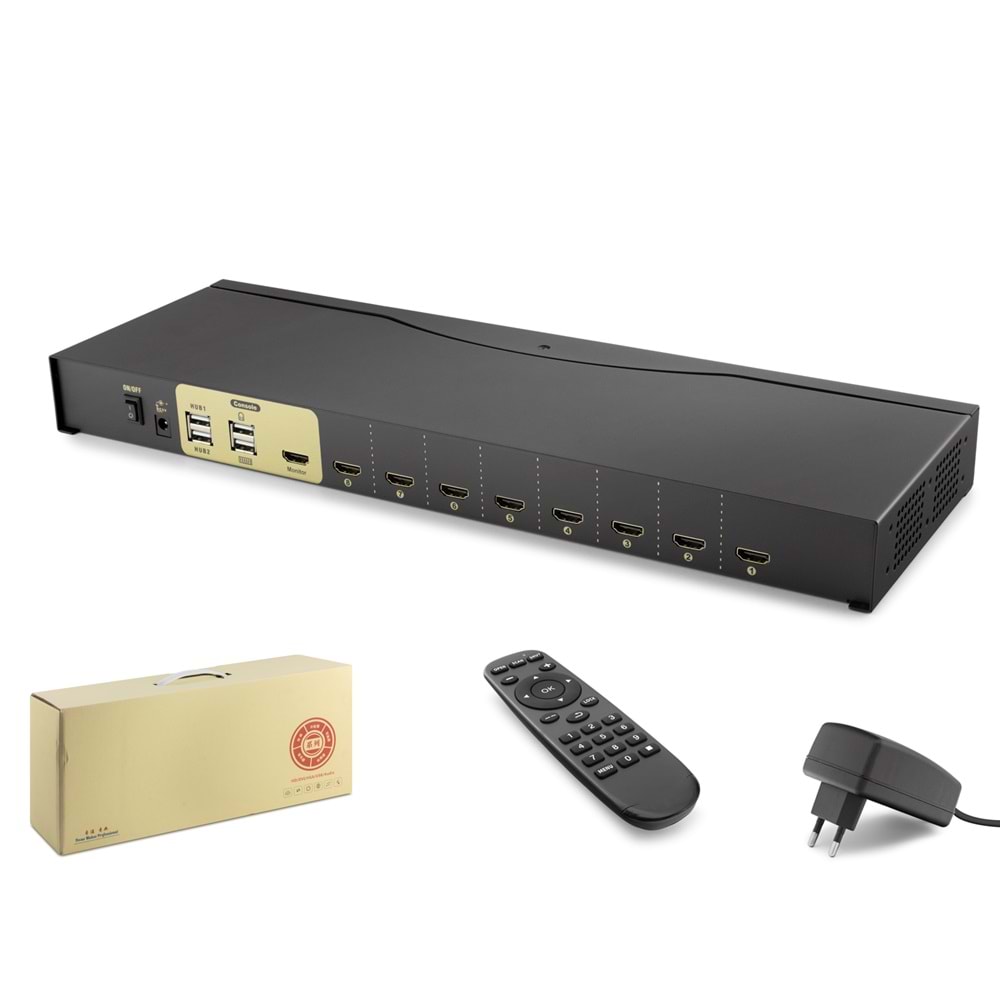 HADRON HDX1378 HDMI KVM Switch 8 In 1 Out + 4 Port USB (Klavye/Mouse) Kumandalı - Siyah