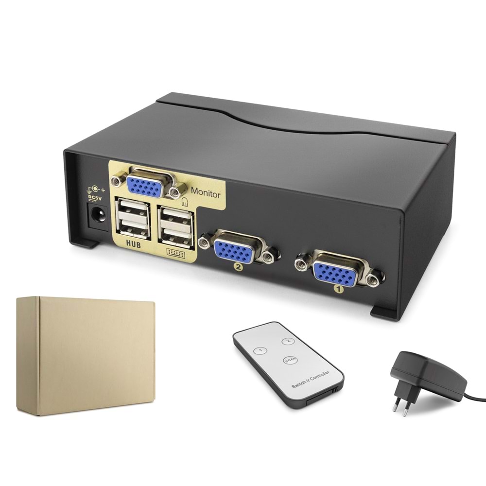 HADRON HDX1380 VGA KVM Switch 2 In 1 Out + 4 Port USB (Klavye/Mouse) Kumandalı - Siyah