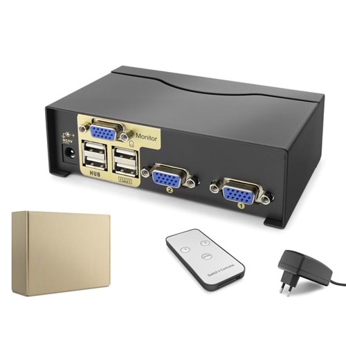 HADRON HDX1380 VGA KVM Switch 2 In 1 Out + 4 Port USB (Klavye/Mouse) Kumandalı - Siyah