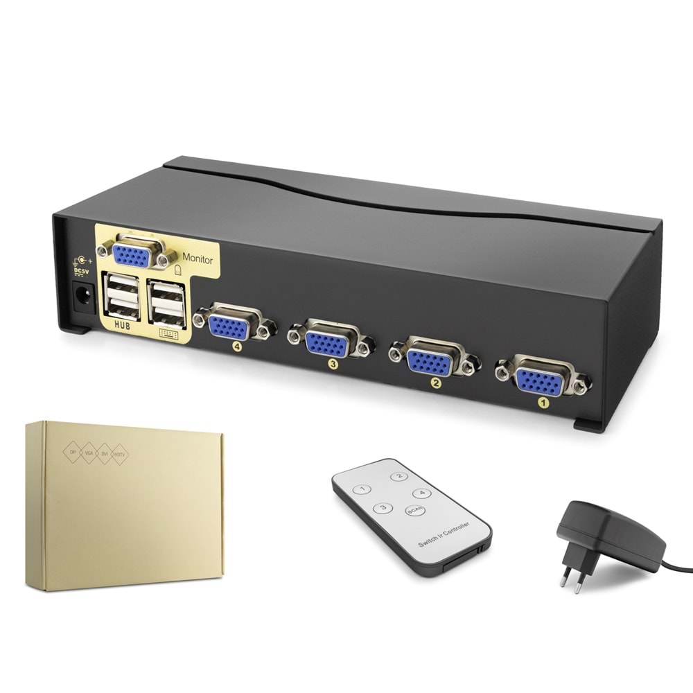 HADRON HDX1381 VGA KVM Switch 4 In 1 Out + 4 Port USB (Klavye/Mouse) Kumandalı - Siyah