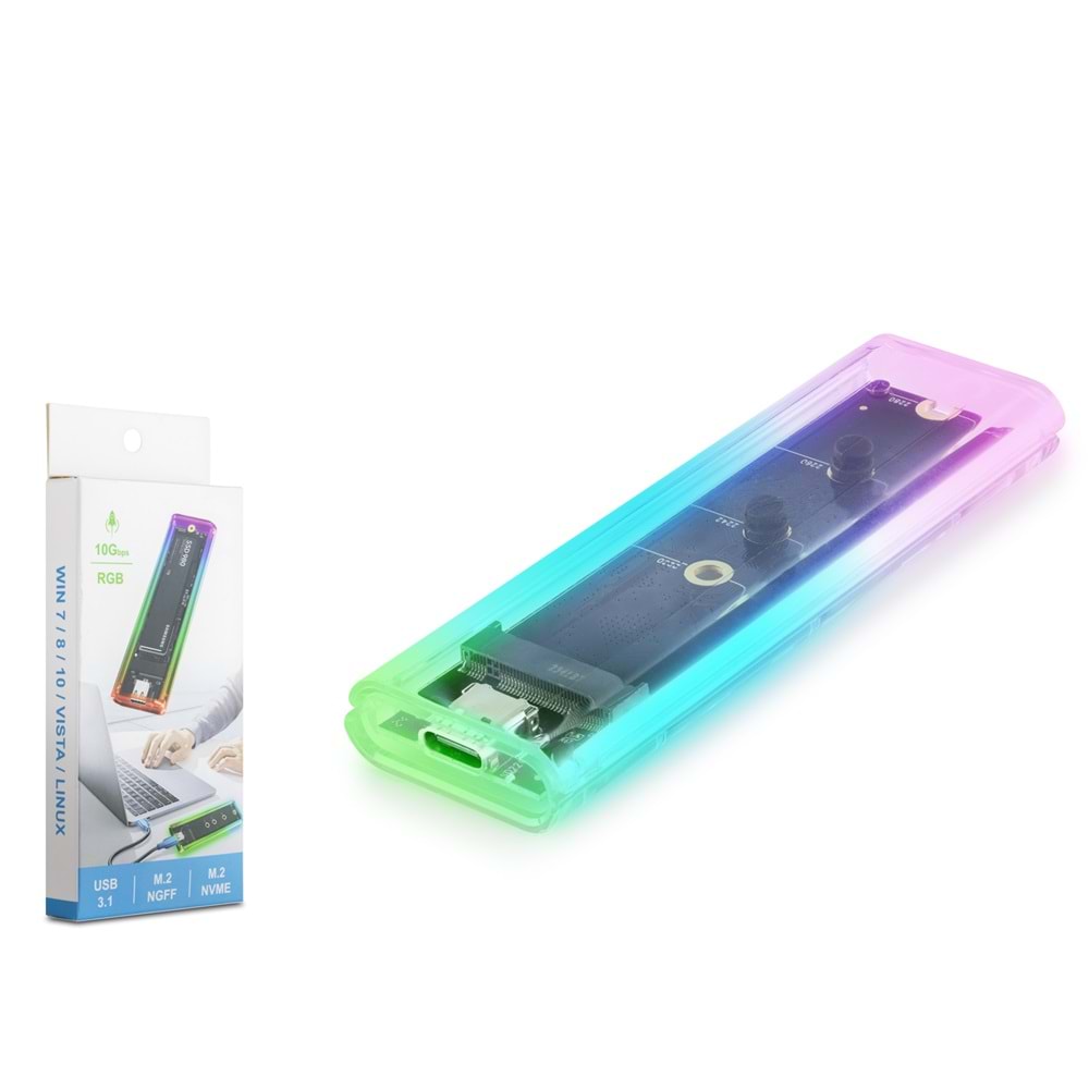 HADRON HDX1770 M.2 NVMe/NGFF Harici SSD Kutusu USB/Type-C 10 Gbps Çift Arabirim RGB - Şeffaf