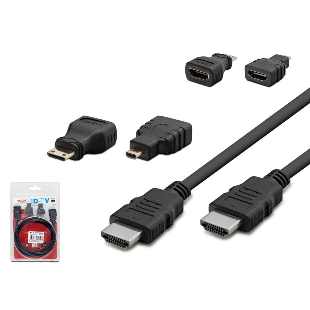 HADRON HDX2010 HDMI to Mini HDMI ve Micro HDMI ve DisplayPort Kablosu Seti 1.5 m 3’ü 1 Arada - Siyah