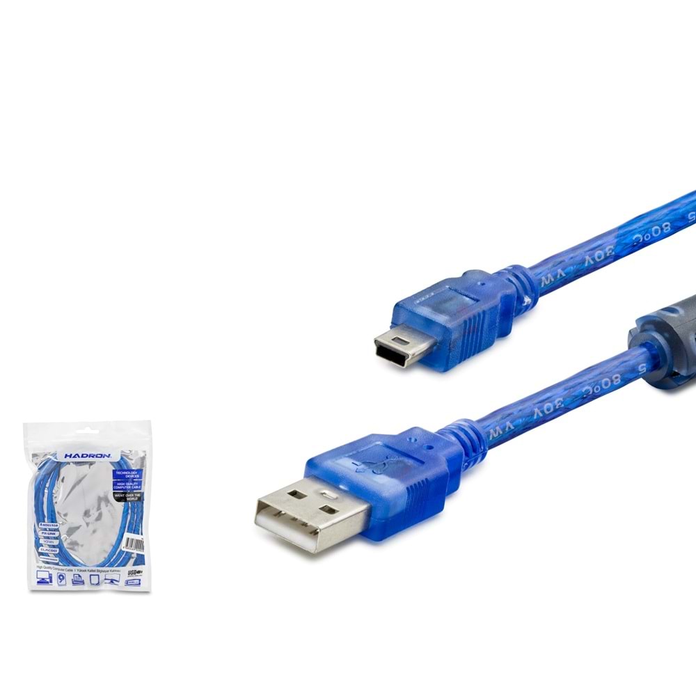 HADRON HDX5065 USB Mini V3/5Pin to USB Kablo 1.5 m - Şeffaf Mavi