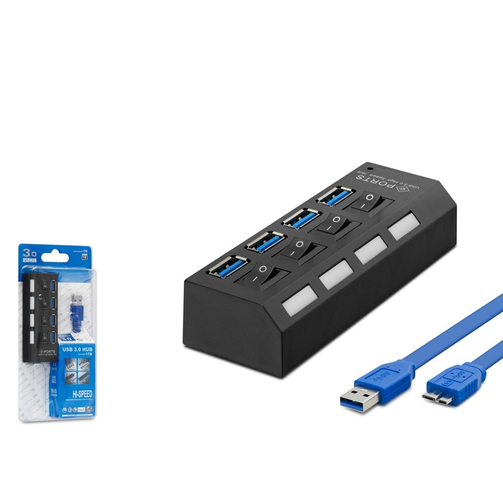 HADRON HDX7023 USB 3.0 Hub Anahtarlı 4 Port 0.5 m - Siyah