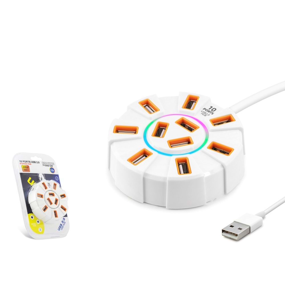 HADRON HDX7034 USB Hub 7 Renk LED 10 Port 1.2 m - Beyaz