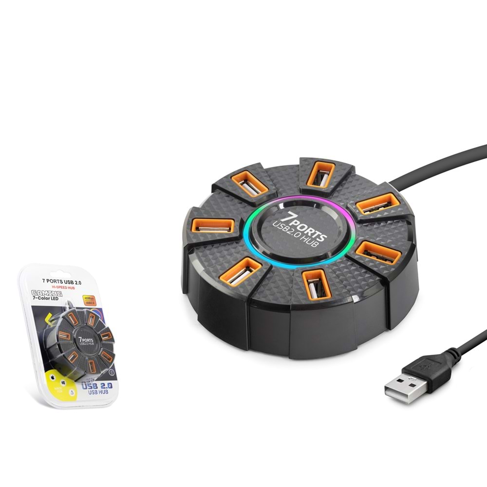 HADRON HDX7035 USB Hub 7 Renk LED 7 Port 1.2 m - Siyah
