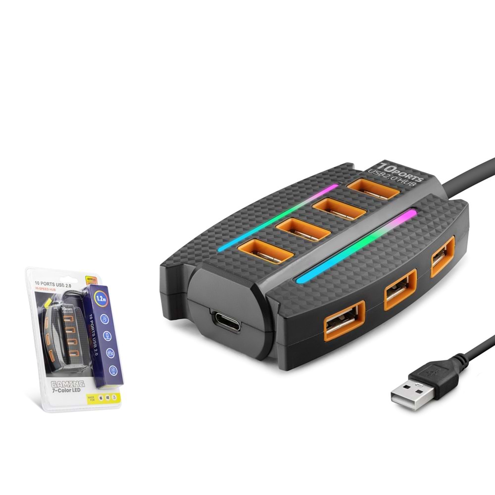 HADRON HDX7036 USB Hub 7 Renk LED 10 Port 1.2 m - Siyah