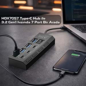 HADRON HDX7057 iETOP USB 3.2 Gen1 & Type-C Hub Anahtarlı 7 Port 5 Gbps - Siyah