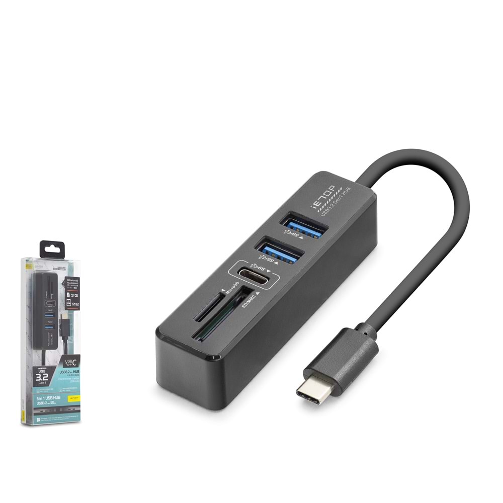iETOP HDX7060 Type-C USB 3.2 Gen1 Combo Hub Kart Okuyucu 5 Port 5 Gbps - Siyah