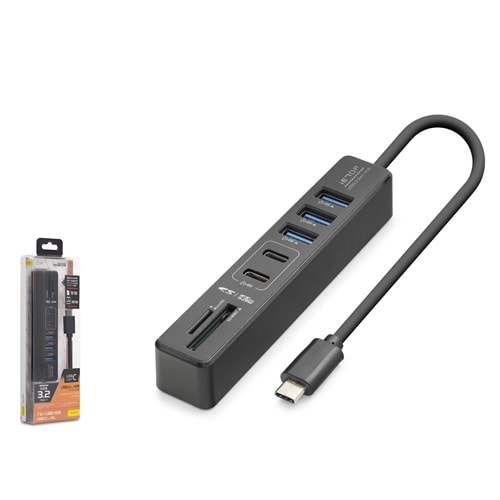 iETOP HDX7061 Type-C USB 3.2 Gen1 Combo Hub Kart Okuyucu 7 Port 5 Gbps - Siyah