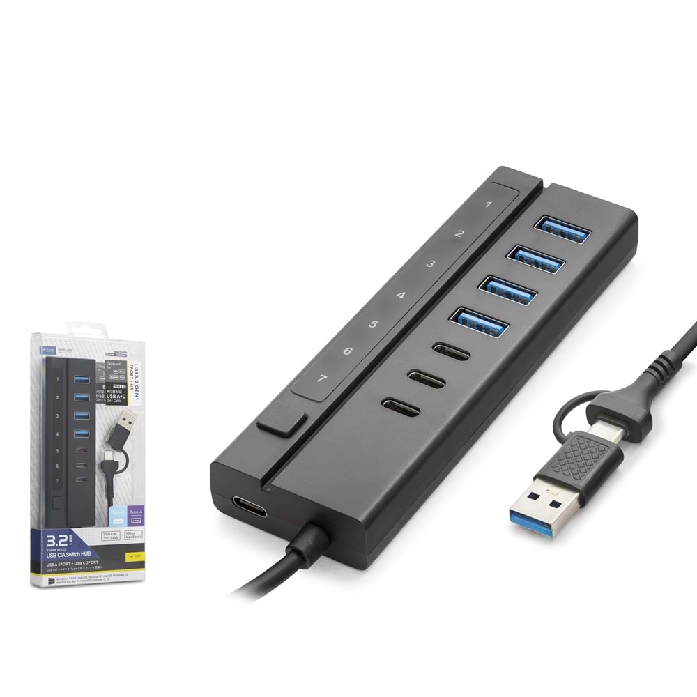 iETOP HDX7062 USB 3.2 Gen1 & Type-C Hub Anahtarlı 8 Port 5 Gbps - Siyah