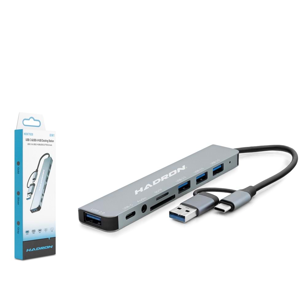 HADRON HDX7828 USB 3.0 & Type-C Combo Hub Audio Kart Okuyucu 8 Port - Gri