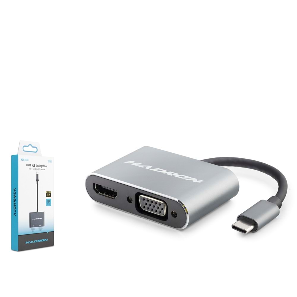 HADRON HDX7838 Type-C Combo Hub HDMI 4K VGA 2 Port - Gri