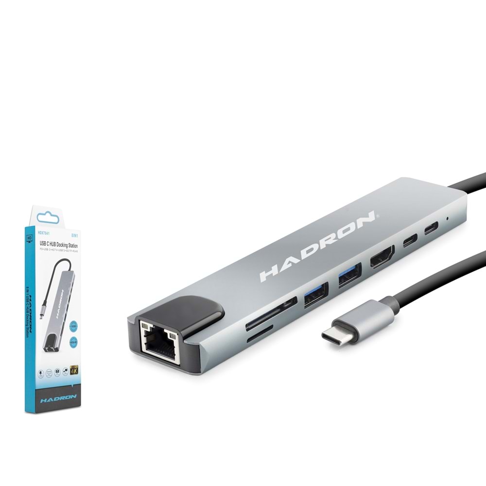 HADRON HDX7841 Type-C Combo Hub HDMI 4K USB 3.0 LAN Kart Okuyucu 8 Port - Gri