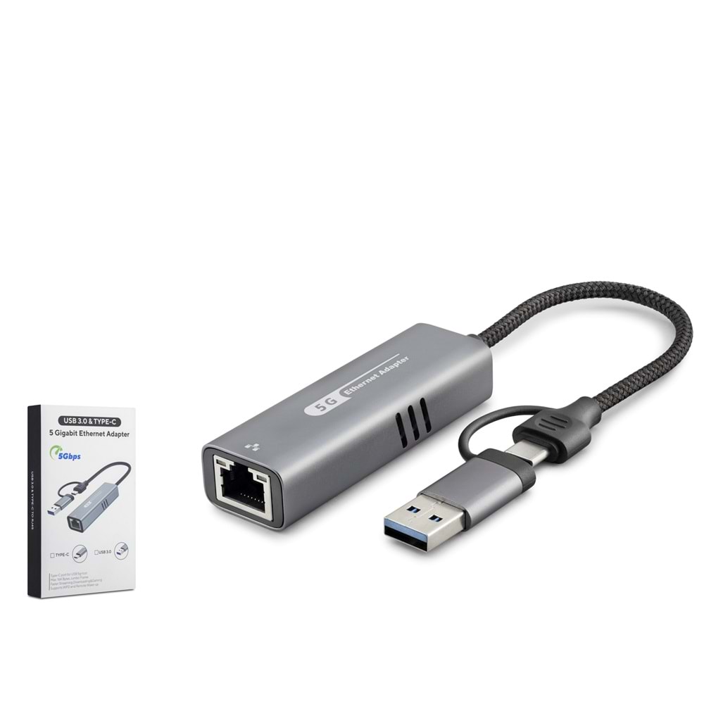 HADRON HDX7850 USB 3.0 & Type-C Ethernet Adaptör 5 Gbps - Gri