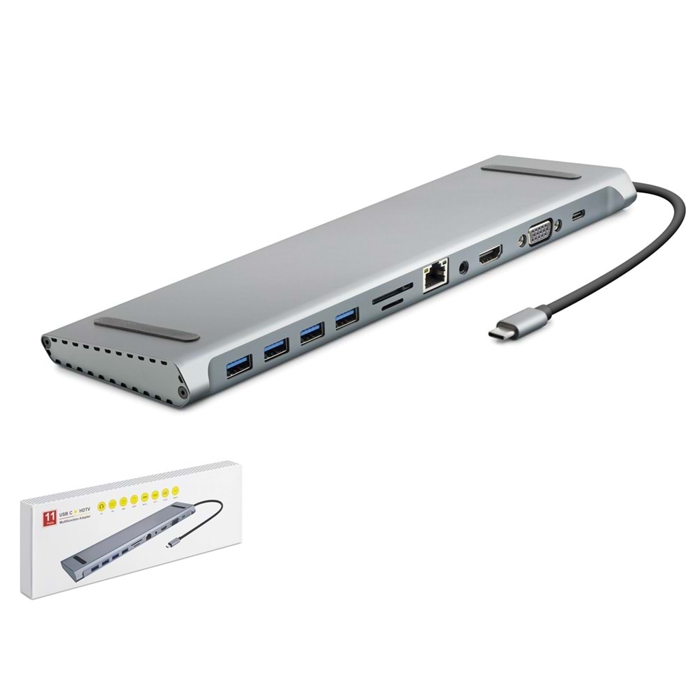 HADRON HDX7854 Type-C Combo Hub HDMI 4K VGA LAN USB 3.0 Type-C PD Audio Kart Okuyucu 11 Port - Gri