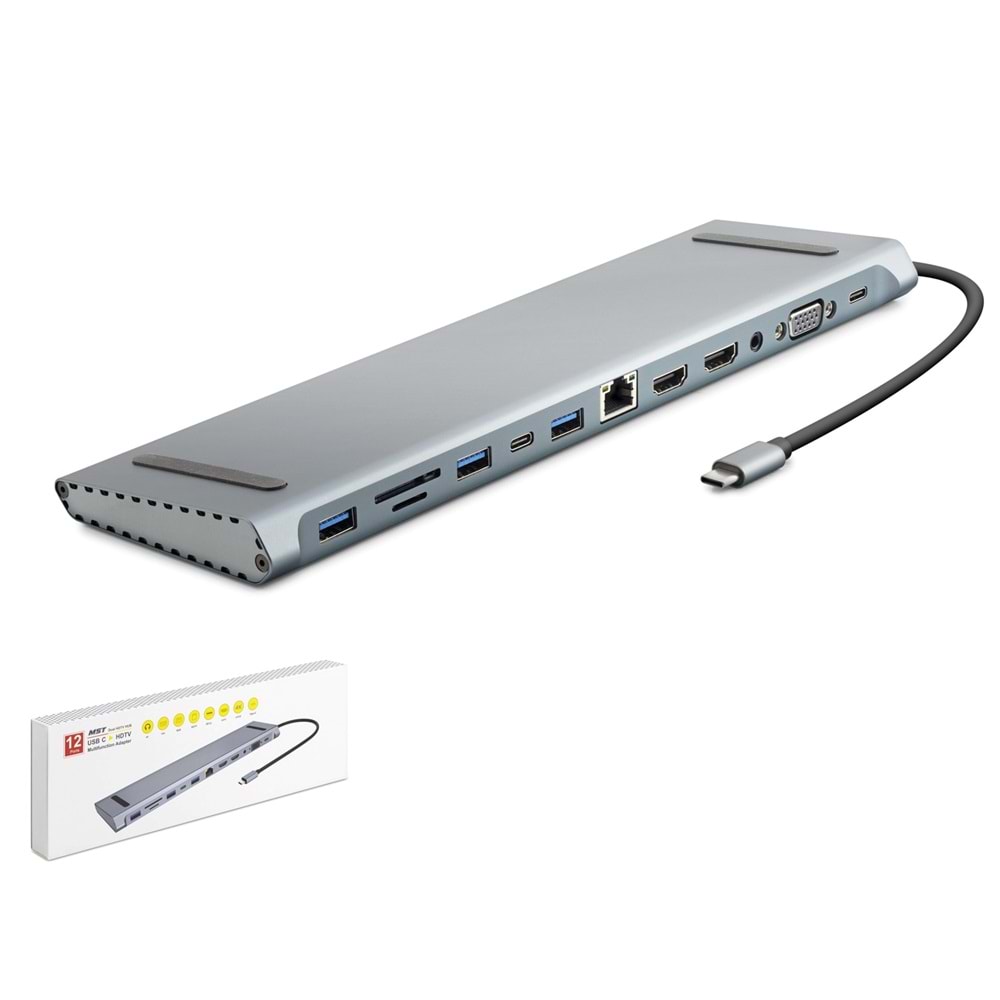 HADRON HDX7855 Type-C Combo Hub HDMI 4K VGA LAN USB 3.0 Type-C PD Audio Kart Okuyucu 12 Port - Gri