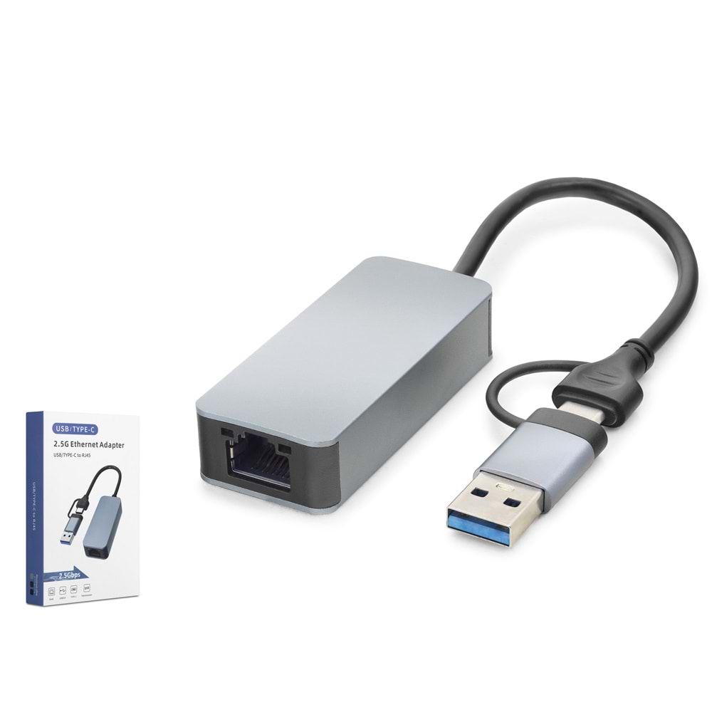 HADRON HDX7865 USB 3.0 & Type-C Ethernet Adaptör 2.5 Gbps - Gri
