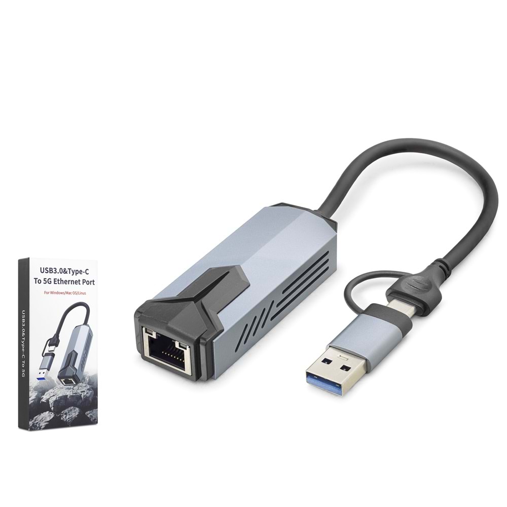 HADRON HDX7866 USB 3.0 & Type-C Ethernet Adaptör 5 Gbps - Gri