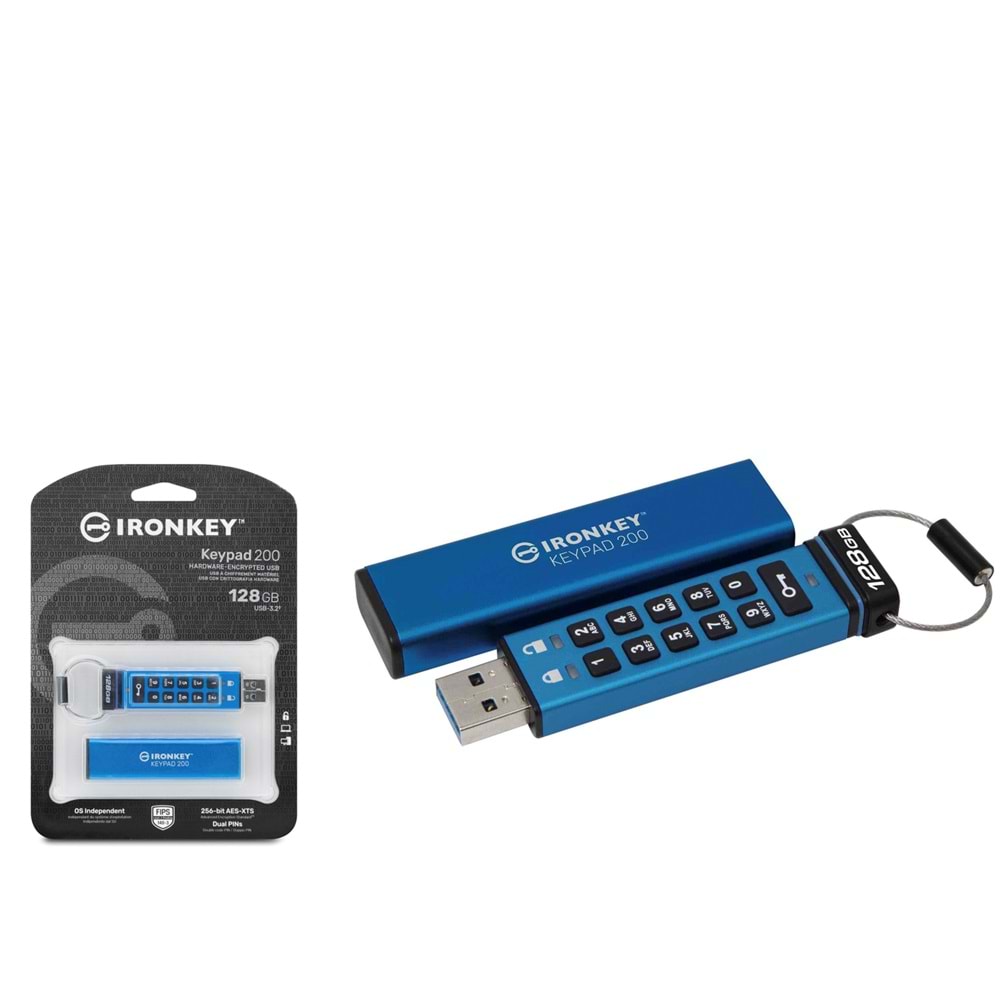KINGSTON IKKP200-128GB KP200 USB Flash Bellek 128 GB Tuş Takımlı Şifreli FIPS 140-3 AES-256 - Mavi