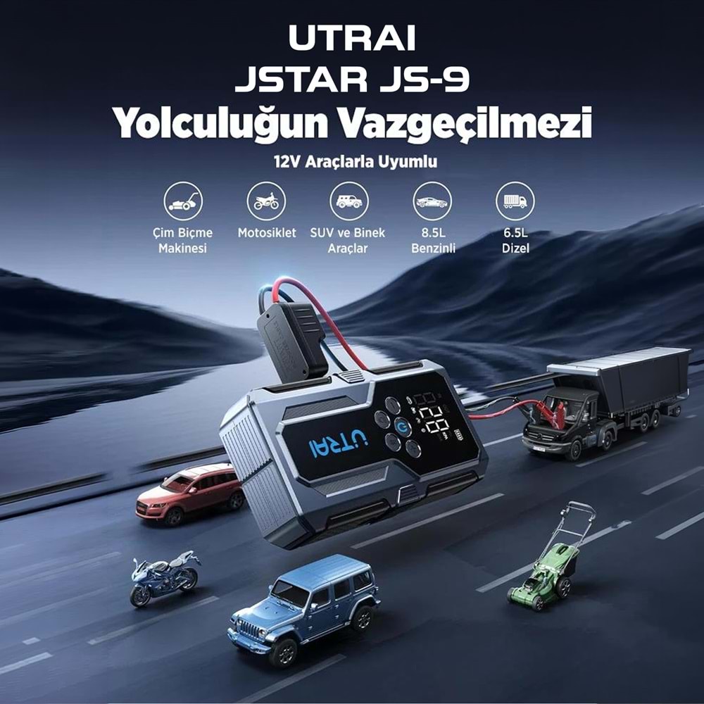 UTRAI JSTAR JS-9 15000mAh 1500A Araç Akü Takviye Cihazı Hava Kompresörlü Powerbank - Gri